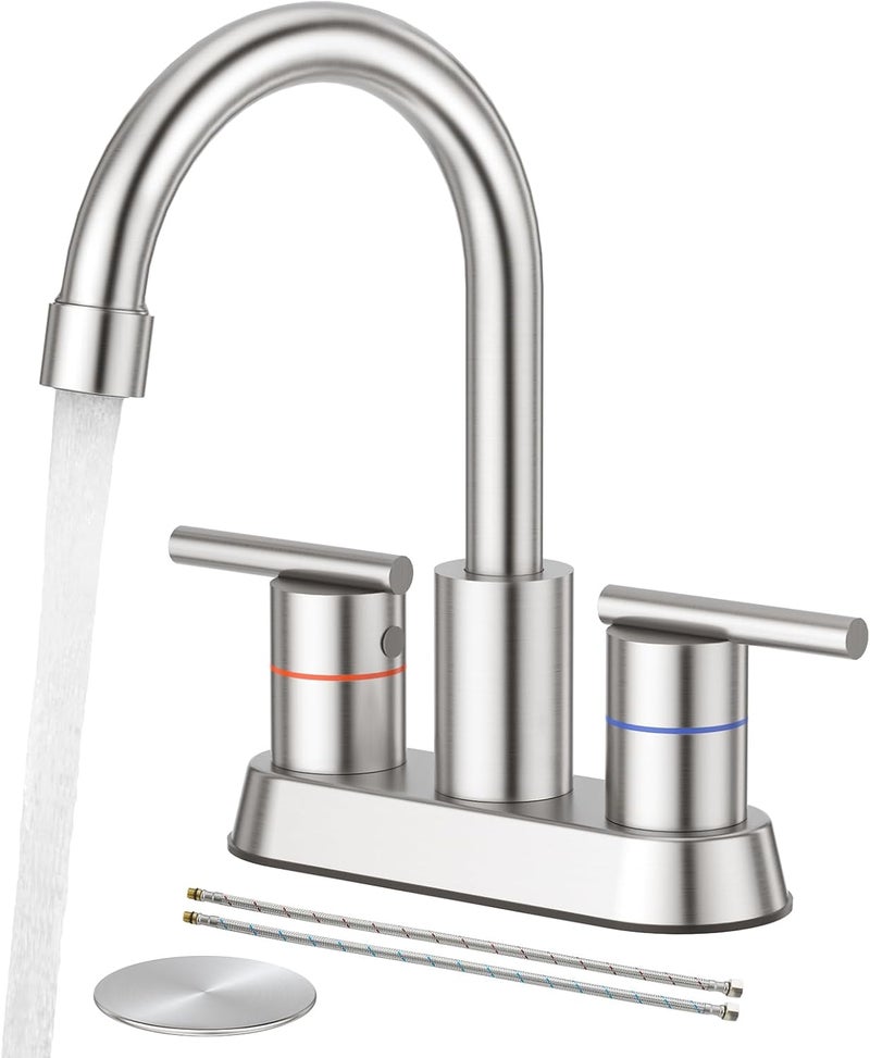faustina Brushed Bathroom Faucet, 4 Inch Centerset Faucets for Sink 2 Holes 3 Holes，Two Handles 304 Stainless Steel Bathroom Sink Faucet with Pup up Drain and 2 cUPC Water Supply Lines for RV Vanity - Image 1